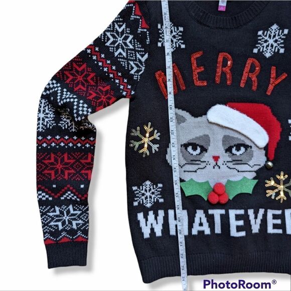UGLY CHRISTMAS SWEATER | UGLY Grumpy Cat Junior sz M crewneck - Picture 6 of 8